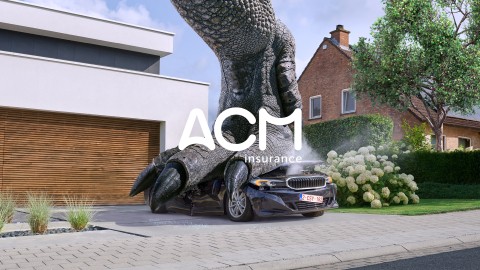 Dino vermorzelt auto voor ACM insurance